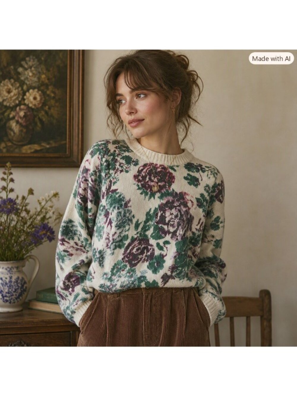 Kilky Paris L Wool‑Blend Painterly Floral Sweater Cottagecore Romantic Garden